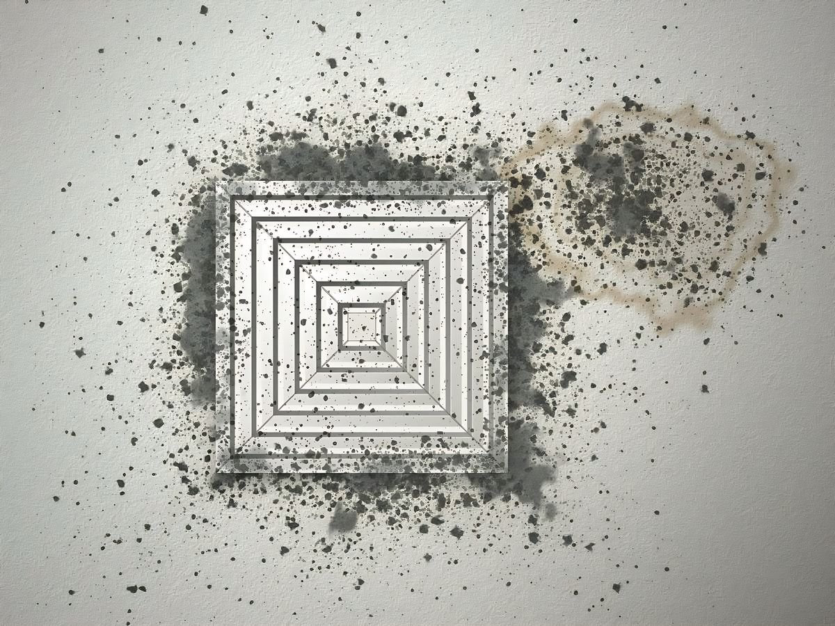 Dark mould spotting on a ceiling around an AC grille, beside the brown ring of an old drip